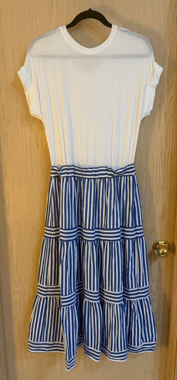 August Sky Blue White Striped Tiered Maxi Dress Size M